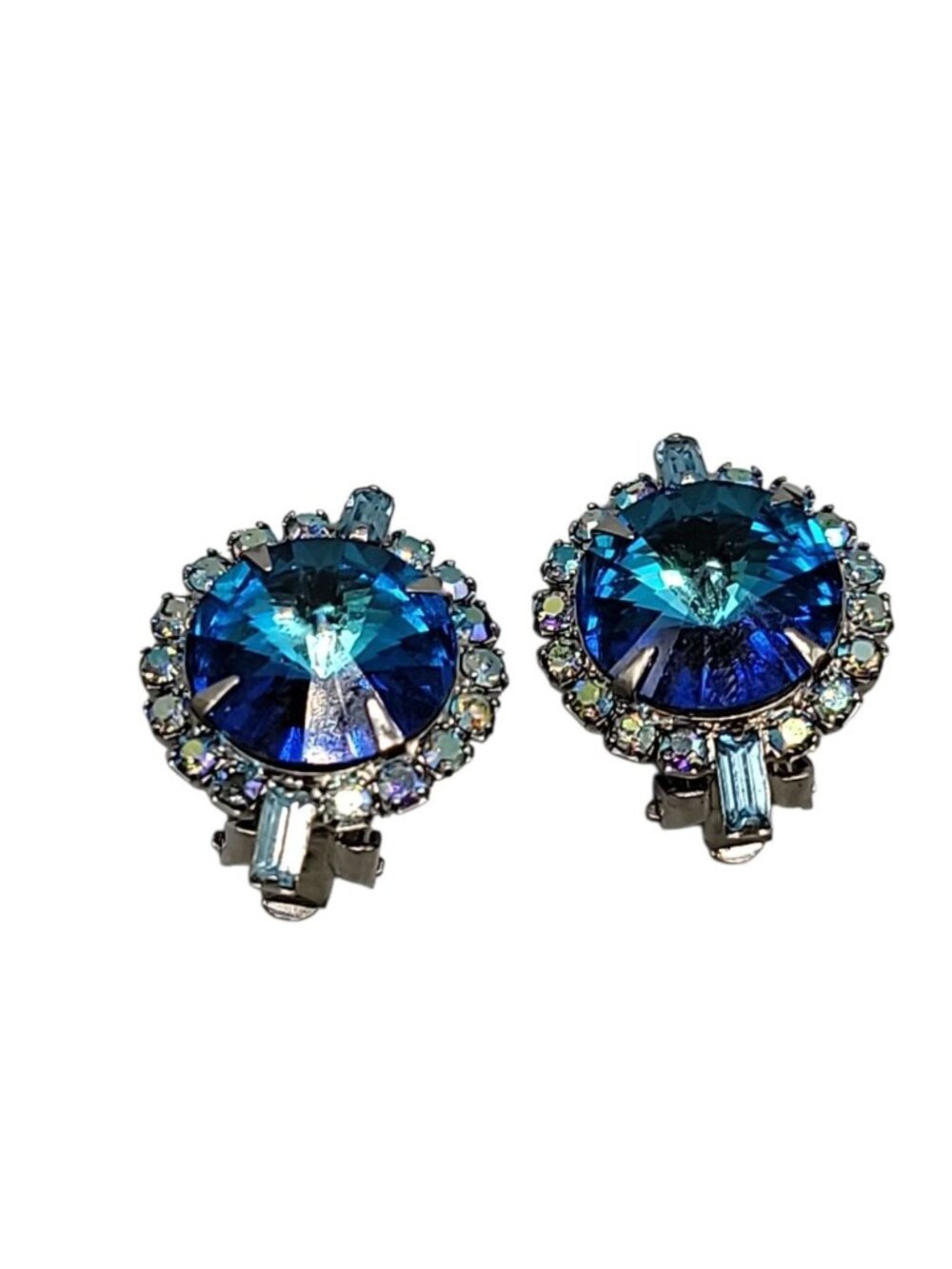 Juliana D&E Blue Rivoli Clip Earrings AB Rhinestone Halo & Baguette Accents VTG - Picture 9 of 9